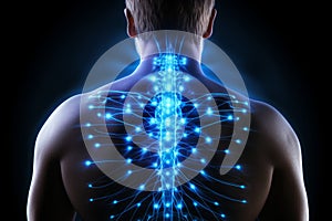 Man body backbone vertebra diagnostic neural structures human organism shoulders posture pain illuminated 3d X-ray