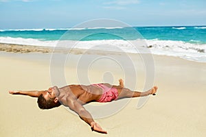 Man Body On Beach. Summer Male Lying On Sand At Resort