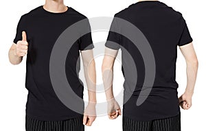 Man body tshirt mock up, black t-shirt copy space front back view set collage