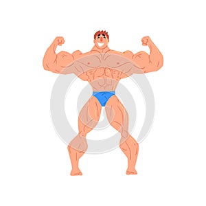 Man Bodybuilder Funny Smiling Character On Steroids Demonstrating Muscles In Front Double Biceps Pose As Strongman