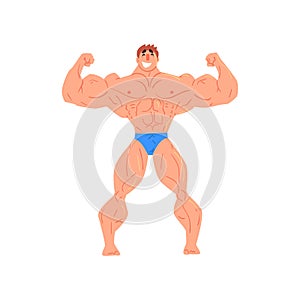 Man Bodybuilder Funny Smiling Character On Steroids Demonstrating Muscles In Front Double Biceps Pose As Strongman photo