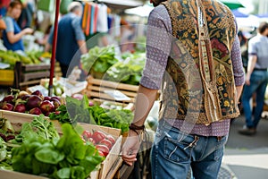 man with boho vest and jeans browsing a farmers market