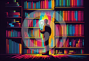 Man with book and lightbulb looking for knowledge on library with colorfull books. Generate Ai