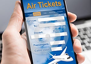 Man Booking Flight Tickets Online Using Smartphone Indoors, Closeup, Collage