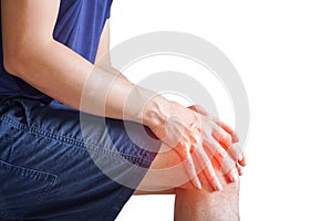 Man with both palm around knee cap to show pain and injury on knee area,white background,Joint pain, arthritis and tendons.