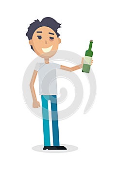 Man with Bottle of Wine Isolated on White. Vector