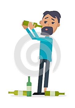 Man with Bottle of Wine Isolated on White. Vector