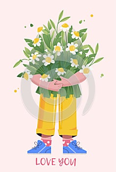 Man with a bouquet of flowers. Character with present. Congratulations happy birthday, International Women`s Day on March 8.