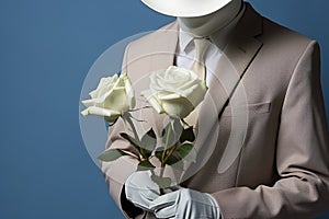 A man with a bouquet of roses in a suit and an incognito hat, blue background, mystery concept