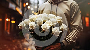 Man with bouquet of white roses on the street. Generative AI