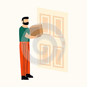 Man with box near the door. Shipping and delivery concept. Flat vector illustration