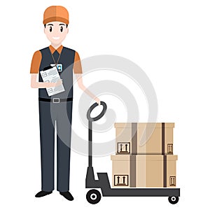 Man with boxes and hand pallet jack lift icon.