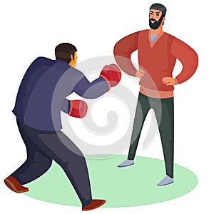 A man in boxing gloves attacks another man, he stands calm and tries to listen and understand what is happening