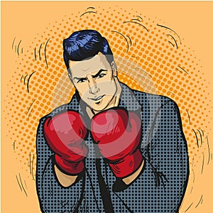 Man in boxing gloves vector illustration in comic pop art style. Businessman ready to fight and protect his business