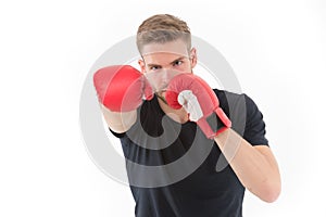 Man boxing isolated on white. Macho in red boxing gloves. Ready to fight. Confident sportsman. Energy and power