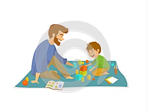 Man and boy, father and son palying on floor at home developing games