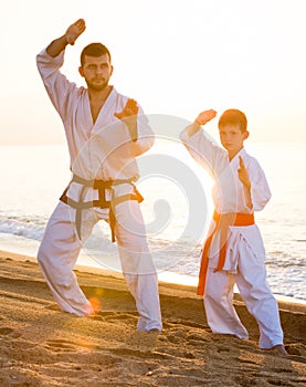 Man and boy practising karate