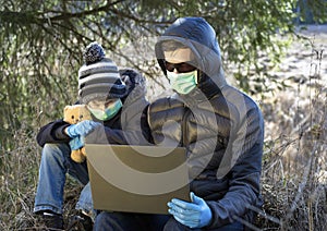 Man and boy in protective sterile medical mask on his faces
