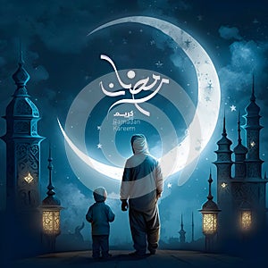 A man and a boy stand under a crescent moon at ramadan
