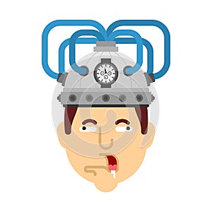 Man and brain stimulation helmet. Apparatus Electronic action on brain activity. Guy and mind stimulator. brain-control helm