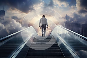 A man bravely ascends an escalator that seems to defy gravity and reaches towards the sky, Low angle view of businessman moving up