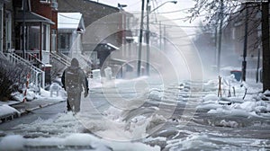 A man bravely struggles to walk against the strong winds and freezing rain that Mother Nature has unleashed upon his