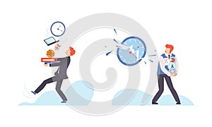 Man with Breaking Clock Dial Failing Handling Deadline and Timeline Vector Set