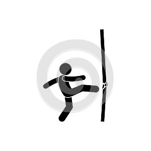 Man breaks the wall, overcoming obstacles icon, stick figure human silhouette kicks photo