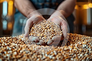 man brewer holds a handful of wheat malt in hands at beer factory close-up