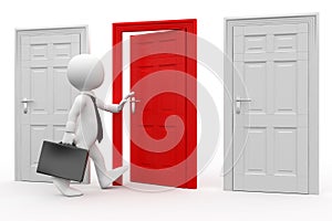 Man with briefcase entering a red door