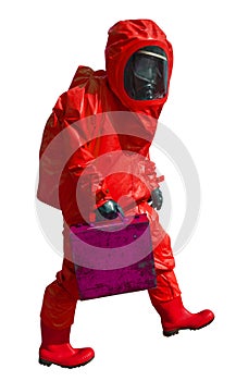 Man with briefcase in protective hazmat suit