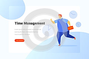 Man with Briefcase is Running with Clocks Time Management Flat vector illustration concept. Landing Page design template