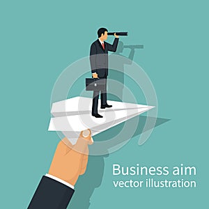 Man with briefcase standing on paper plane to achieve business