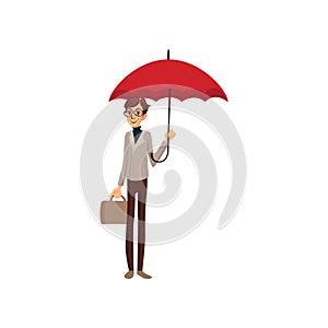 Man with briefcase standing under red umbrella, rainy weather concept cartoon vector Illustration