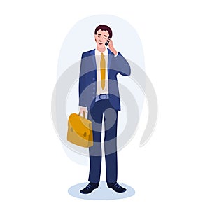 Man With Briefcase Talking Phone illustration. Man, suit, tie, smartphone. Editable vector graphic design.
