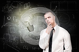 Man and bright bulb over icons background.