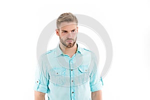 Man with bristle on strict face, isolated on white background. Man with beard looks handsome and well groomed. Guy