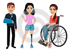 Man with broken arm, girl with artificial leg and girl in a wheelchair.
