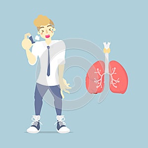 Man with bronchodilatorasthma inhaler and lungs, internal organs anatomy body part nervous system, health care concept