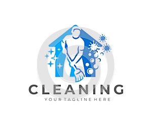 Man with broom, house cleaning and house cleanup service, logo design. Sanitizing, disinfecting, virus, hygiene and cleanliness, v