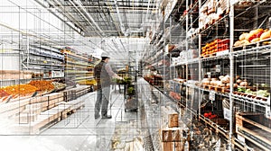 A man browses items in a hypermarket, standing among shelves stocked with various groceries photo