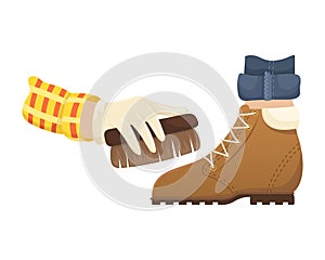 Hombre cepillar se limpia ante calzado. ilustraciones 