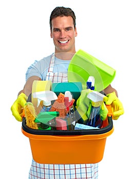 Man with bucket of cleaning products.