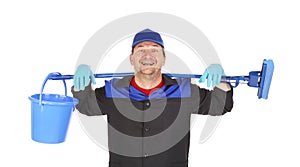 Man with bucket and mop.