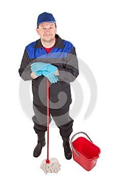 Man with bucket and red mop.