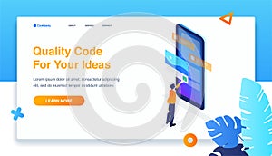 Man build responsive mobile application, 3d isometric. landing page illustration