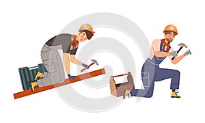 Man Builder Character Nailing with Hammer Building House Vector Set