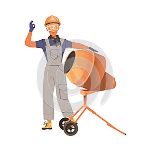 Man Builder Character Showing Ok Sign Standing Near Cement Mixer Vector Illustration