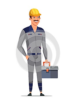 Man builder character in uniform standing on white