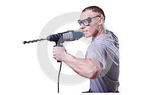 Man, Builder, glasses, with a drill in hand isolated on white background.